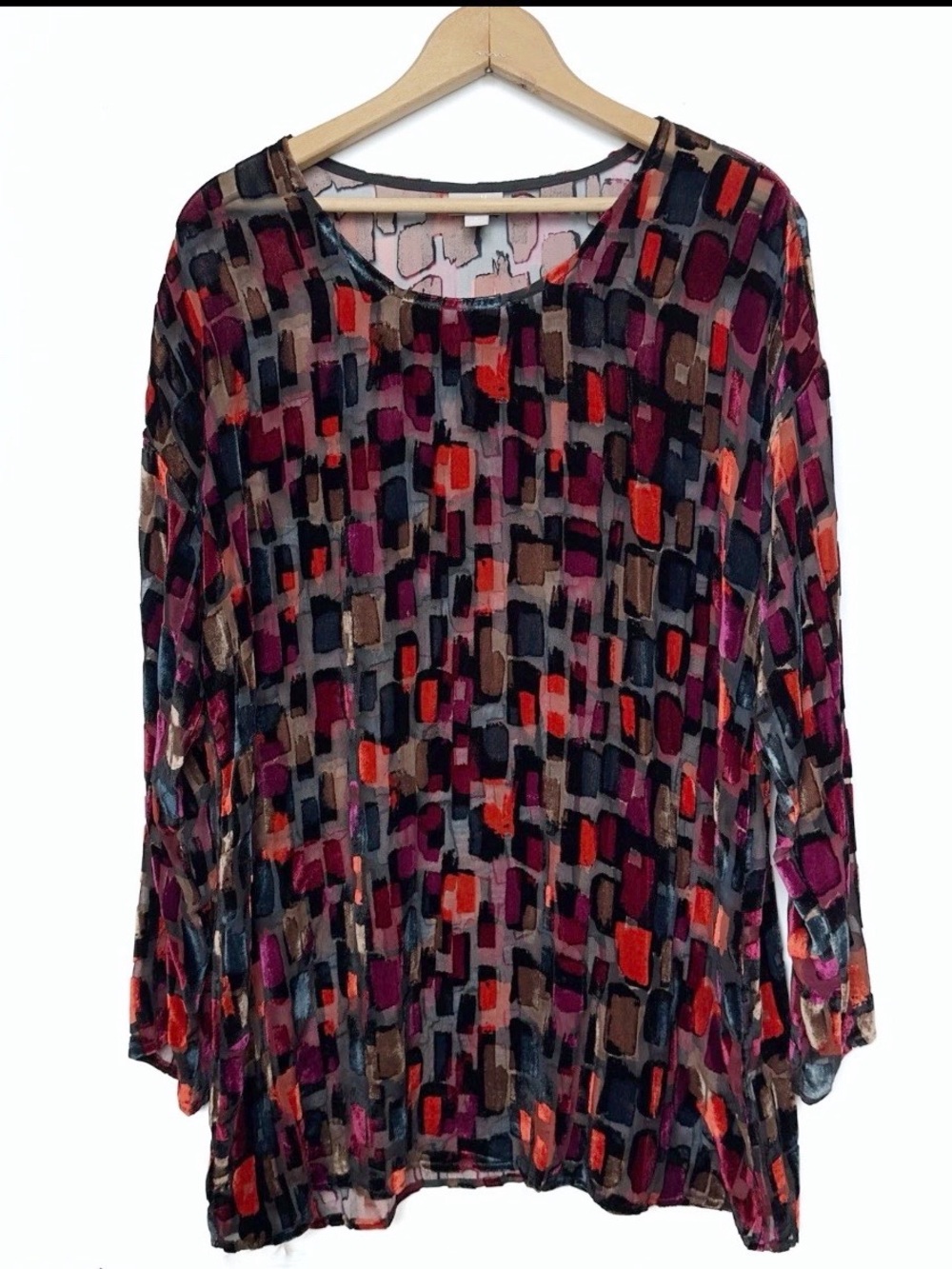 J Jill Burnout Velvet Tunic Top Womens Medium Colorblock Sheer Boho Jewel Tone
